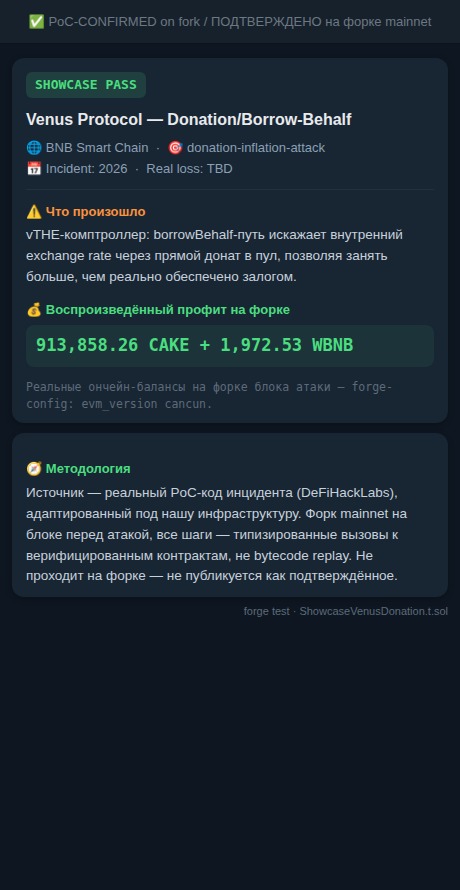 Showcase PASS: Venus Protocol donation/borrow-behalf exploit reproduced on mainnet fork