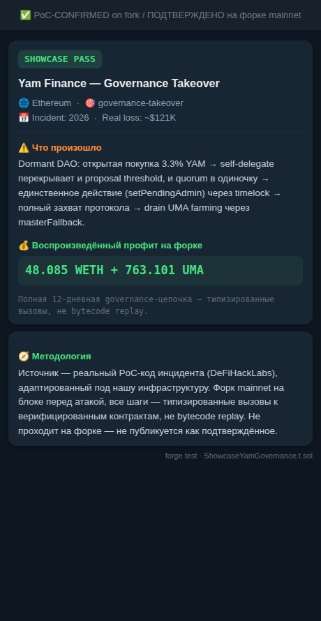 Showcase PASS: Yam Finance governance takeover, full DAO proposal-to-drain chain reproduced on mainnet fork
